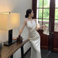 Satin white halter neck suspender dress sexy fishtail hip wrap gentle high-end long skirt R1468