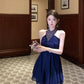 Blue halter dress with rhinestones, slim waist, A-line short dress R0571