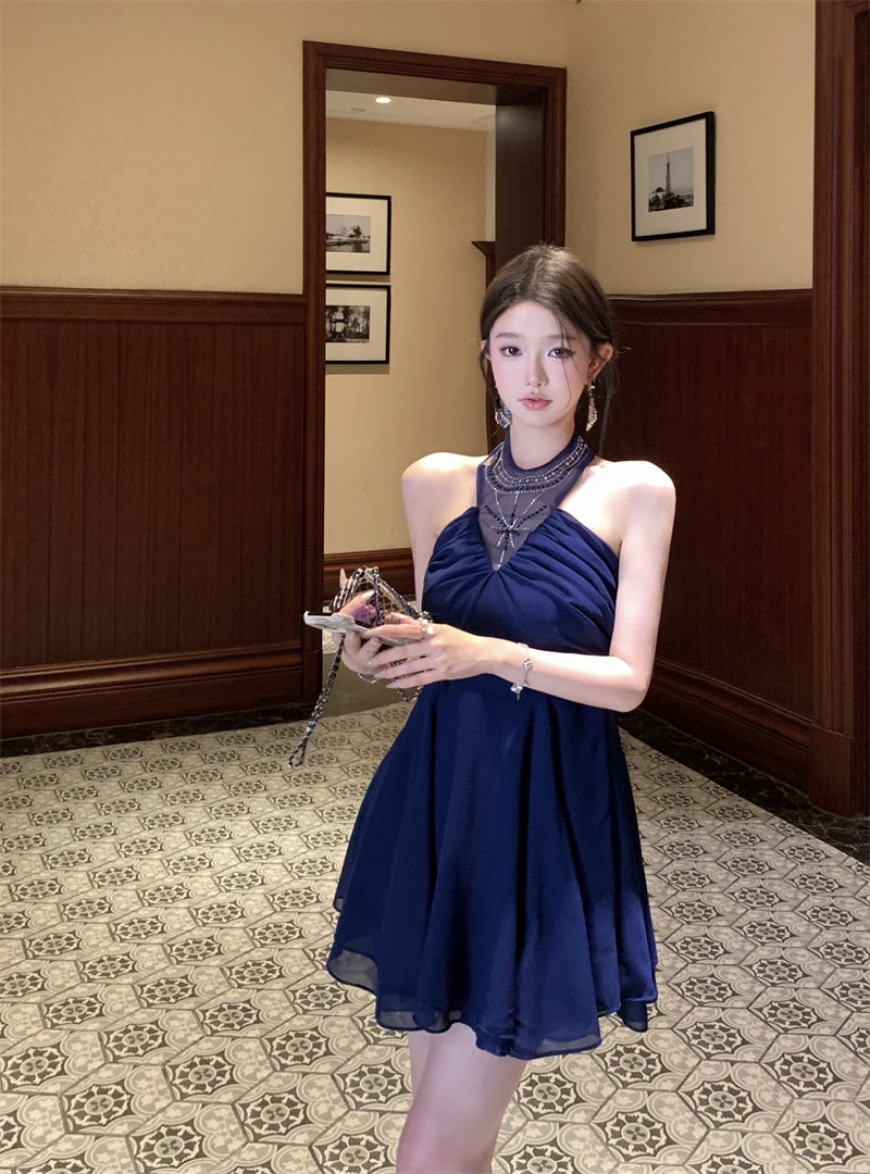 Blue halter dress with rhinestones, slim waist, A-line short dress R0571