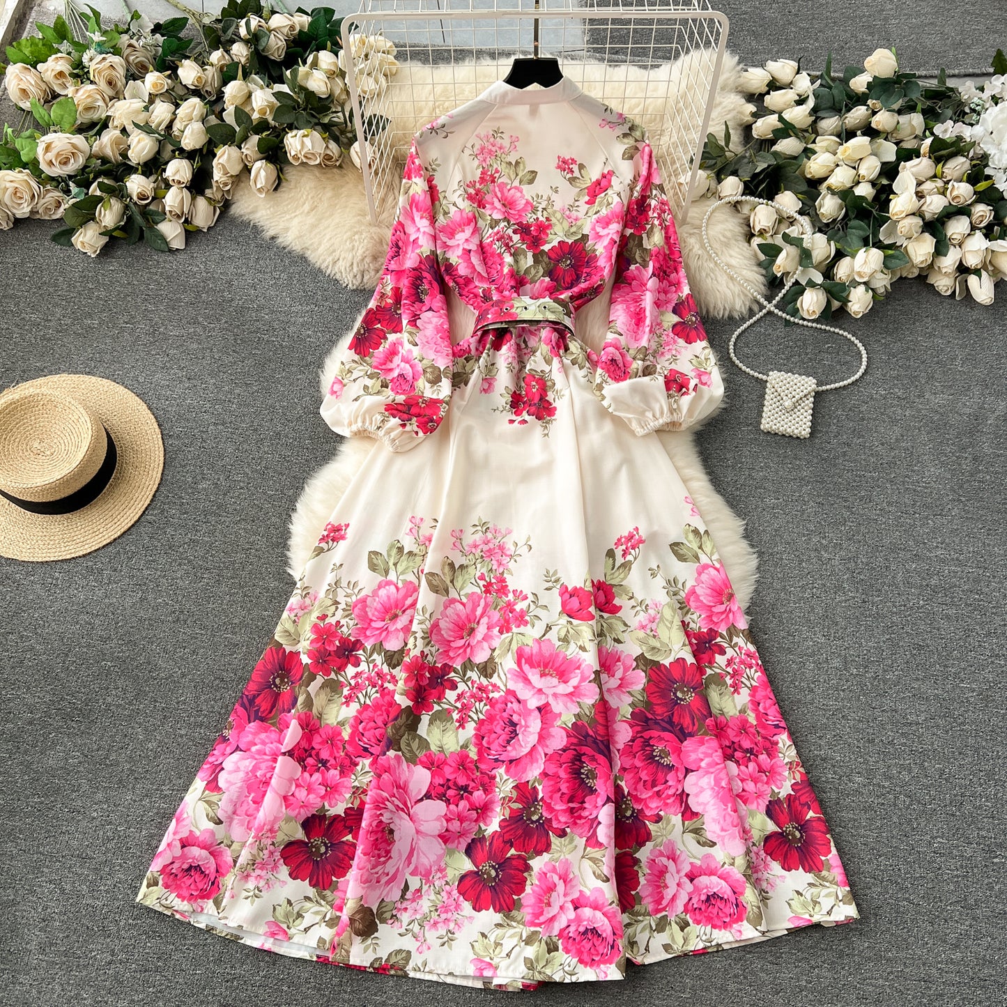 Flower series 2025 new high-end printed slim-fitting long French puff sleeve temperament dress R2347