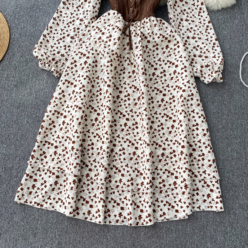 French sweet niche strap contrast color fake two-piece long-sleeved dress floral long skirt R2346