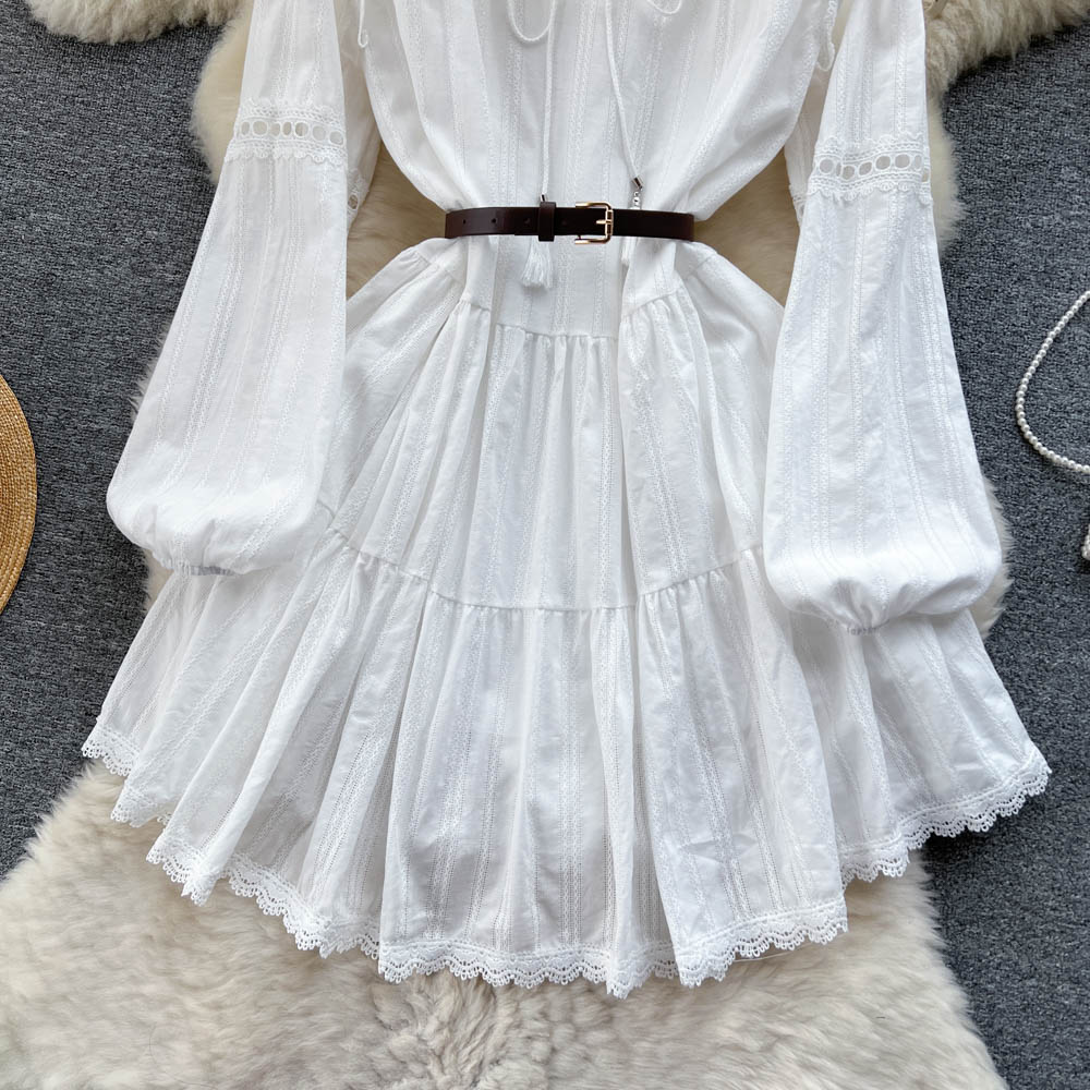 Lace hollow waist baby doll princess dress long sleeve white dress holiday style fairy dress R2345