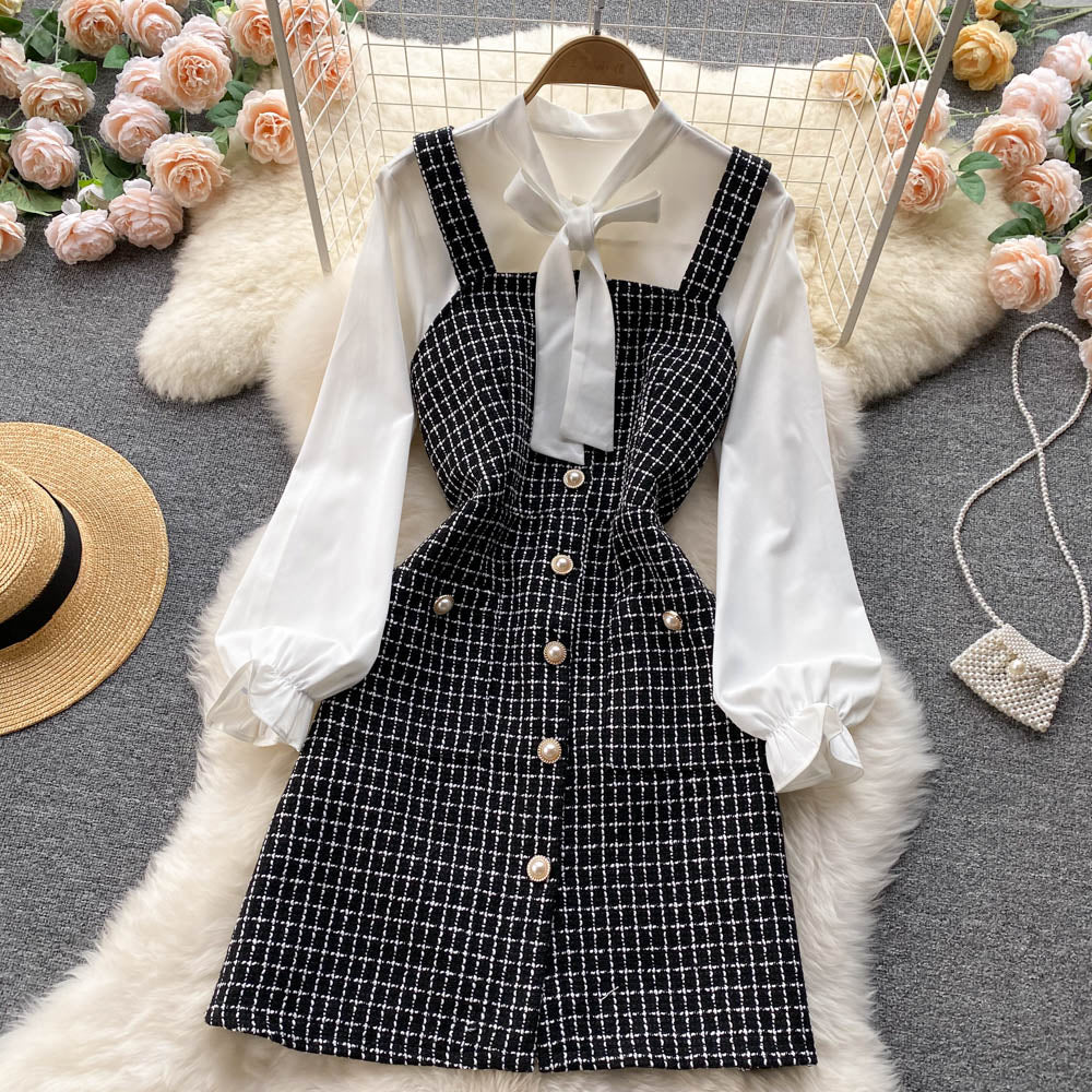 Temperament bow tie long-sleeved white shirt two-piece suit plaid suspender dress R2340