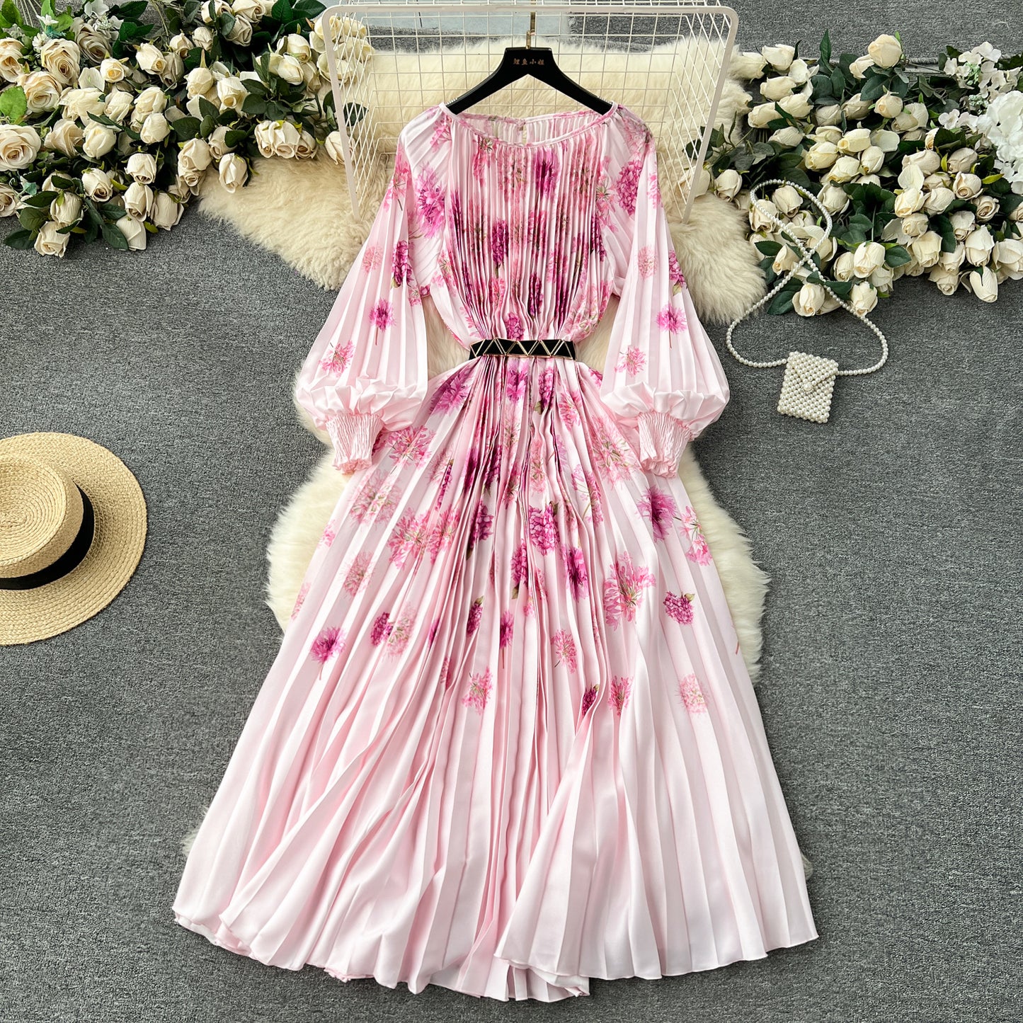 European and American style 2025 new dress printed pleated pleated waist tie holiday long skirt R2337