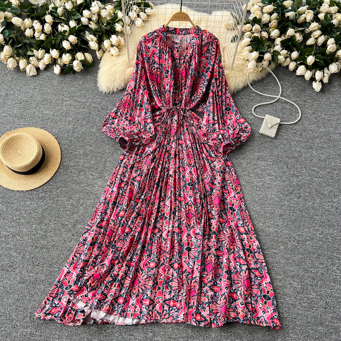 European and American style pleated printed dress lantern long sleeve waist slim long skirt R2322