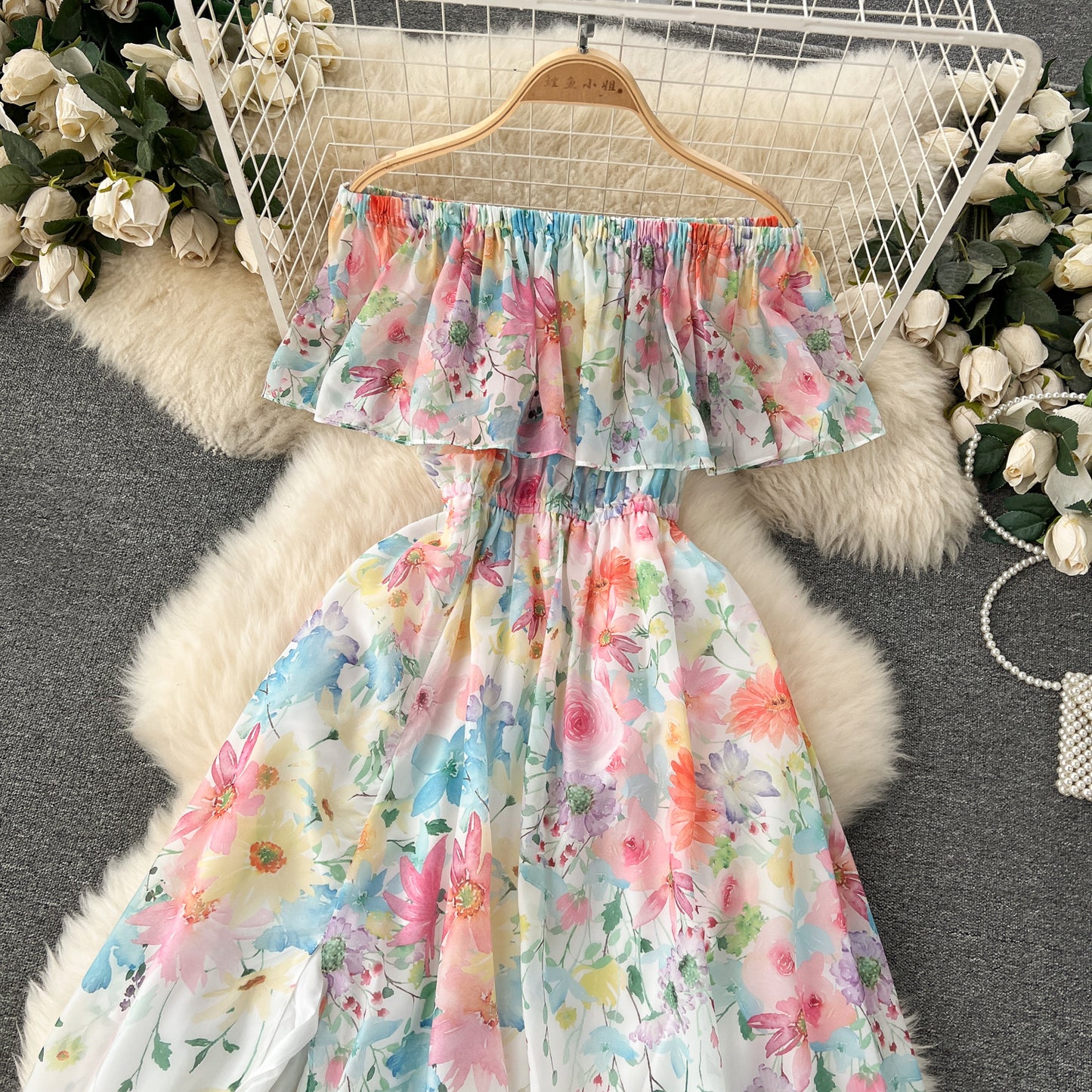 2025 New Flower Series Holiday Dress Ruffled One Shoulder Slim Long Fairy Dress R2321