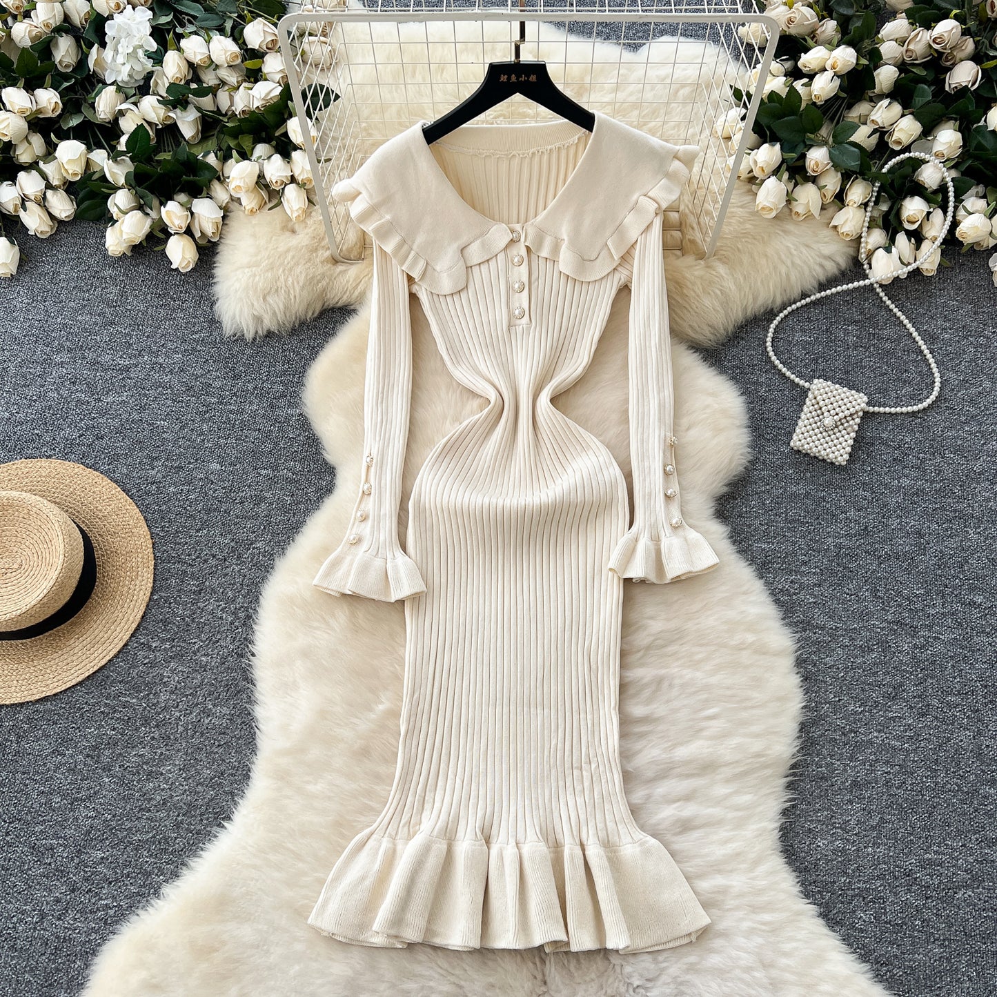 French retro contrast color doll collar waist knitted dress elastic slim fit skinny ruffled long skirt R2344
