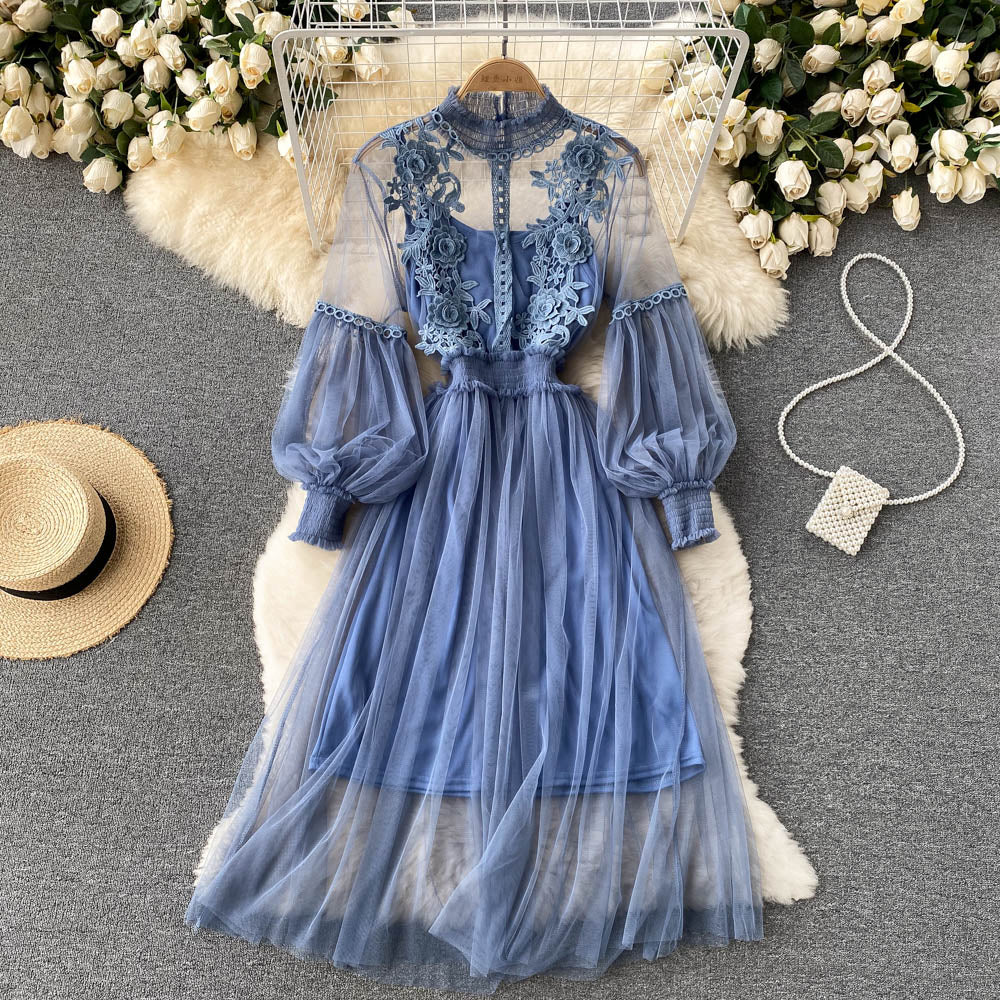 Three-dimensional flower mesh elegant stand-up collar lantern sleeve high waist suspender dress R2348