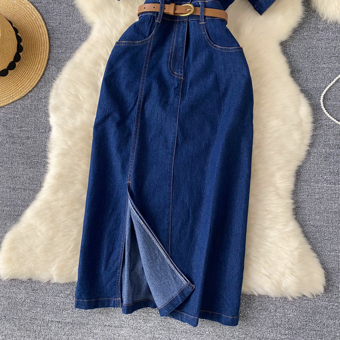 Light luxury high-end Polo collar denim dress split waist belt design niche long skirt R2333