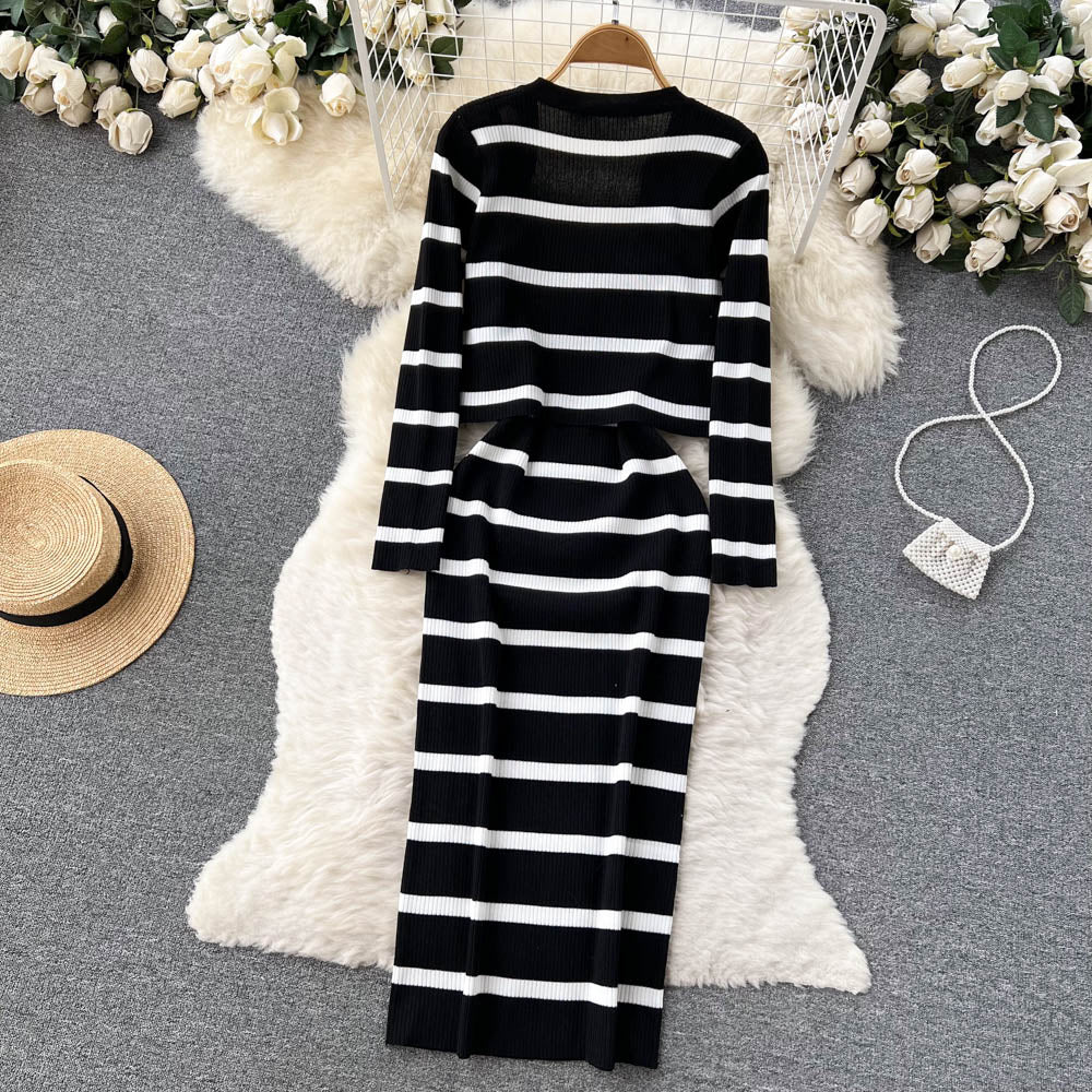 Pear-Shaped Body Two-Piece Suit Knitted Cardigan Jacket Striped Suspender Slim Fit Dress R2309
