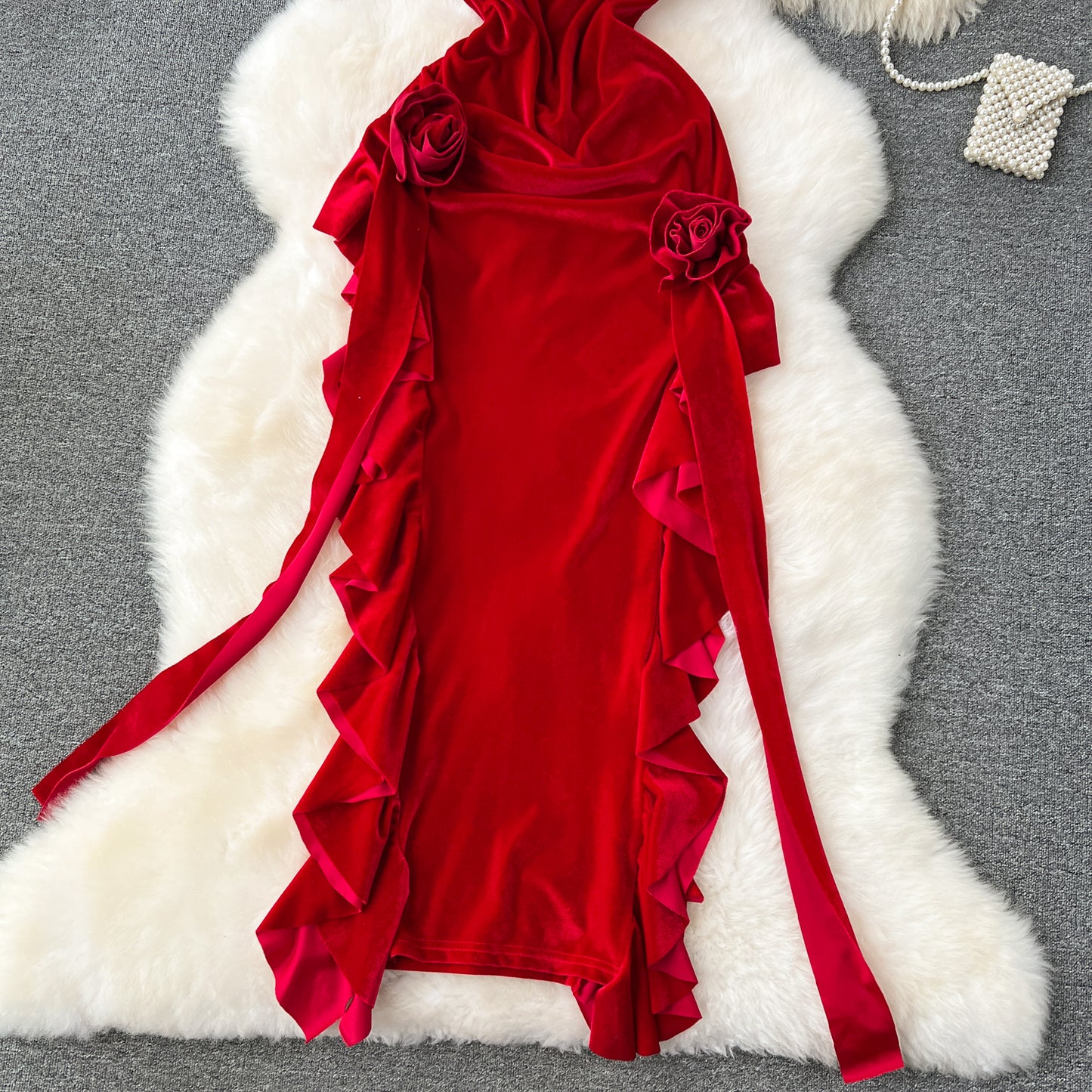 Red dress French retro velvet toast dress sexy heavy three-dimensional flower slit dress R2316