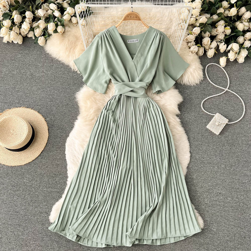French slim fit long holiday style chiffon pleated maxi dress temperament V-neck dress R2353