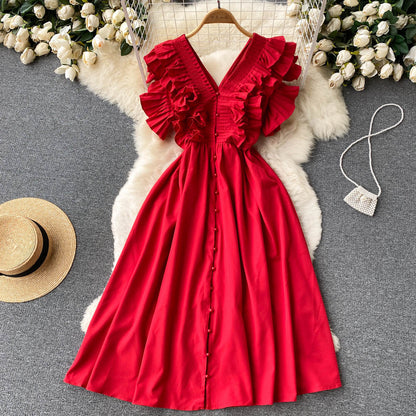 Retro French style pleated ruffled V-neck elegant dress mid-length skirt R2320