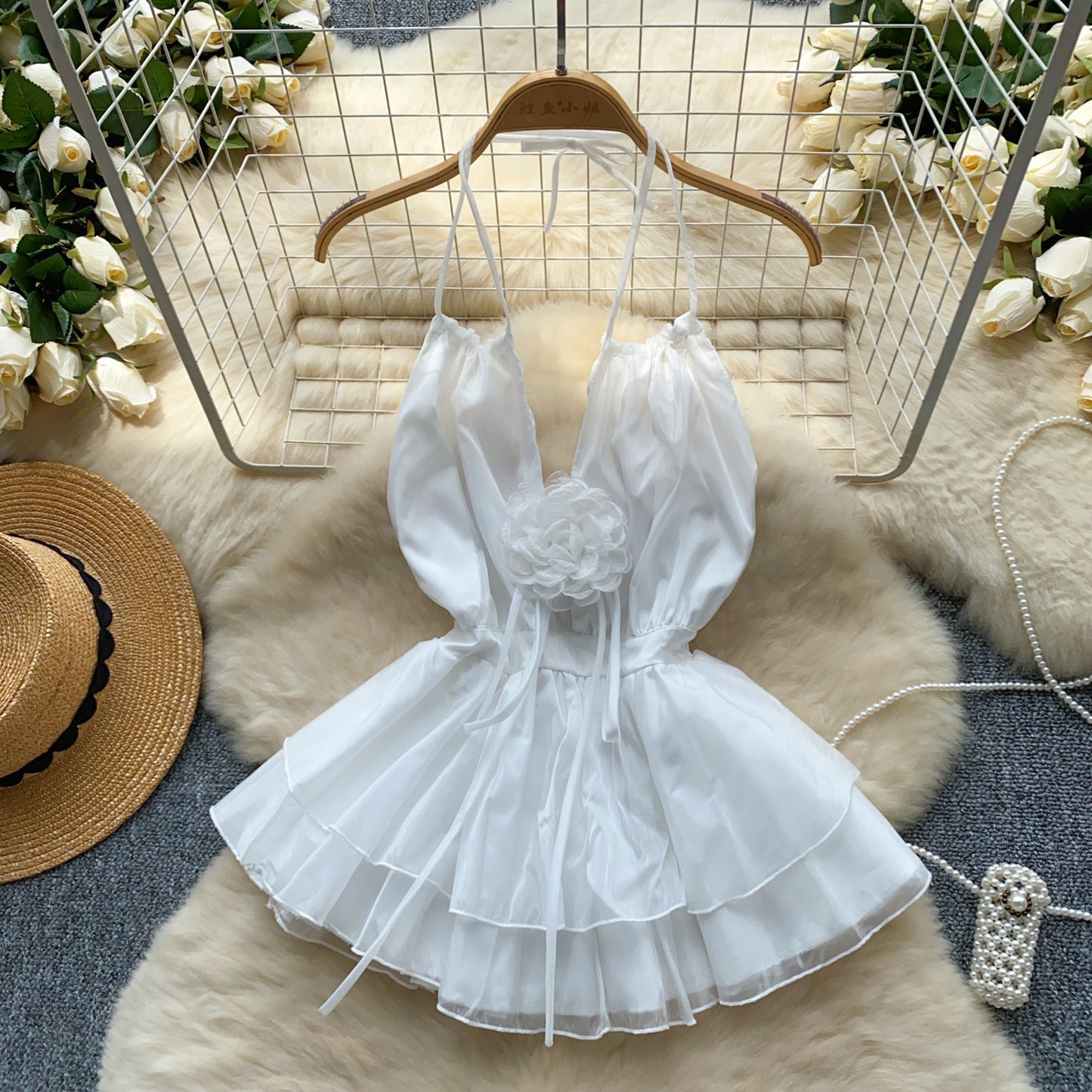 French style pure sexy hollow halter neck lace-up three-dimensional flower waist vest R2335