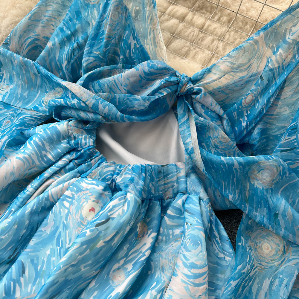 Sweet hot girl lantern sleeve waist backless puffy floral dress princess petite short skirt R2327