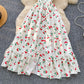 French style square collar, small flying sleeves, slim waist, single-breasted cherry print dress R2339