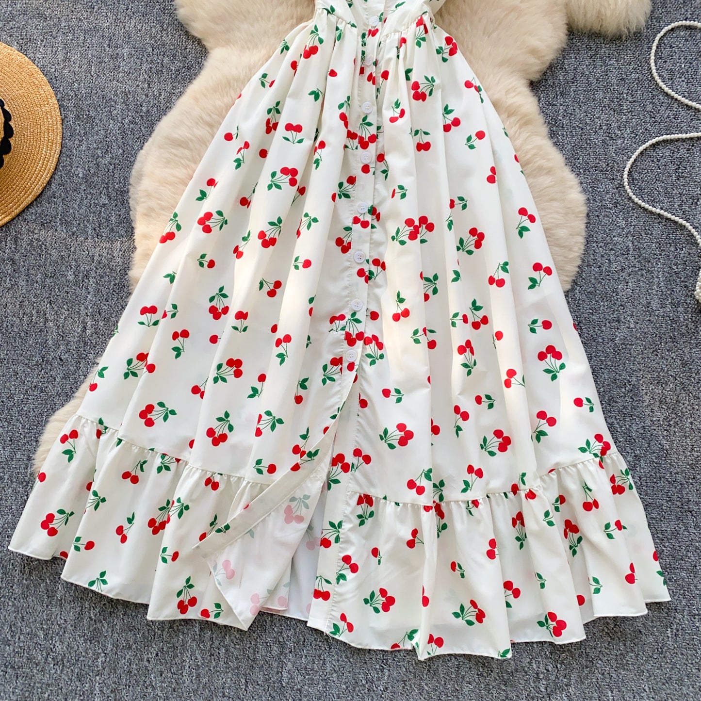 French style square collar, small flying sleeves, slim waist, single-breasted cherry print dress R2339