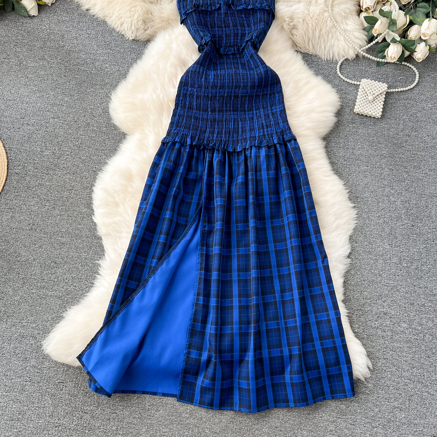 Sexy tube top plaid skirt sweet wood ear edge elastic slim long slit dress R2330