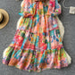 European and American style dress V-neck lantern sleeve waist wide swing ruffled long skirt R2313