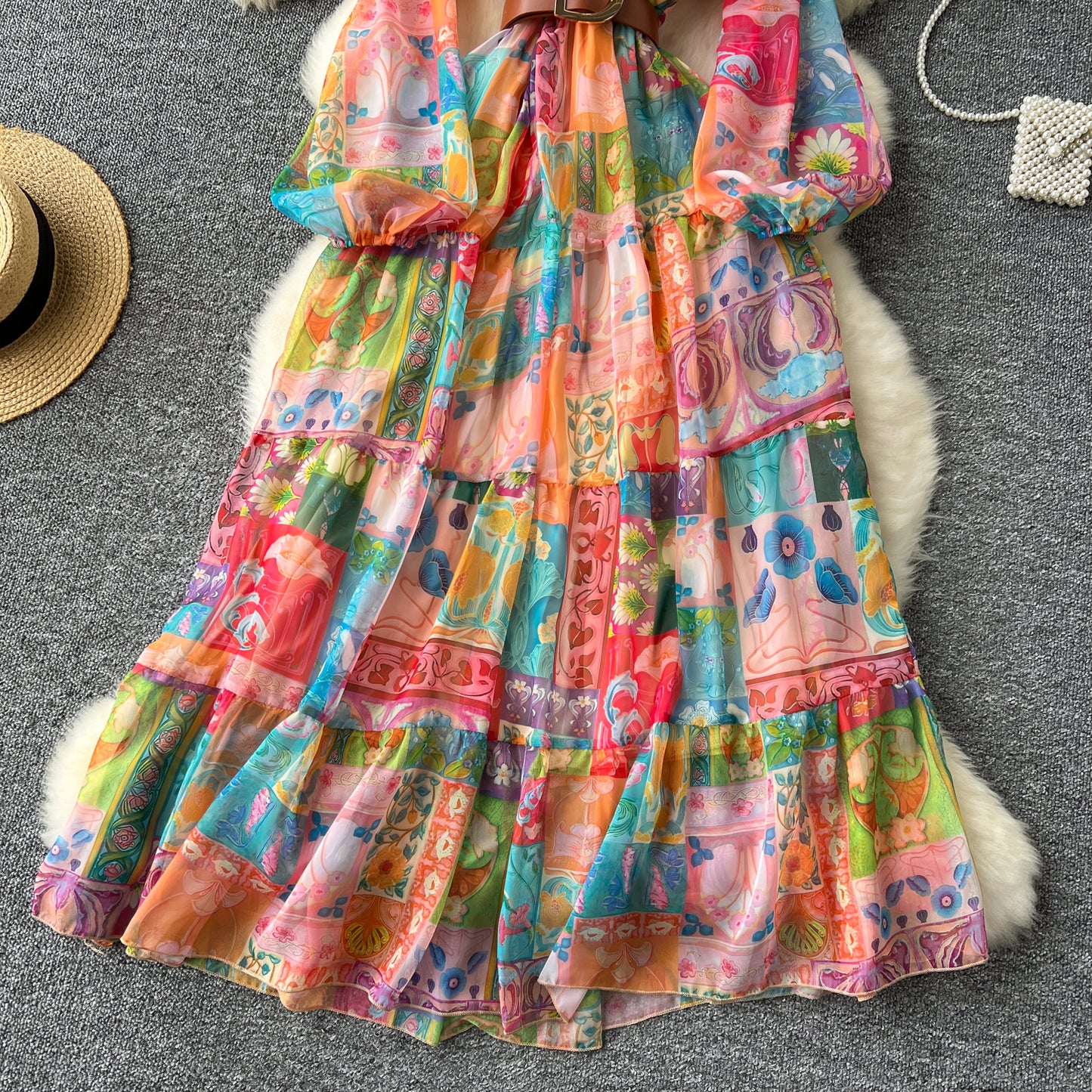 European and American style dress V-neck lantern sleeve waist wide swing ruffled long skirt R2313