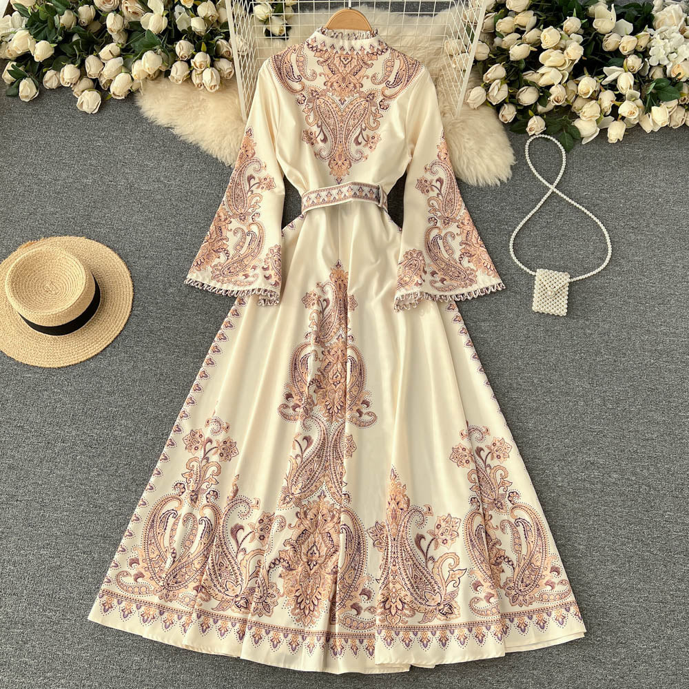 New ethnic style stand-up collar trumpet sleeves printed dress waist knee-length skirt R2334
