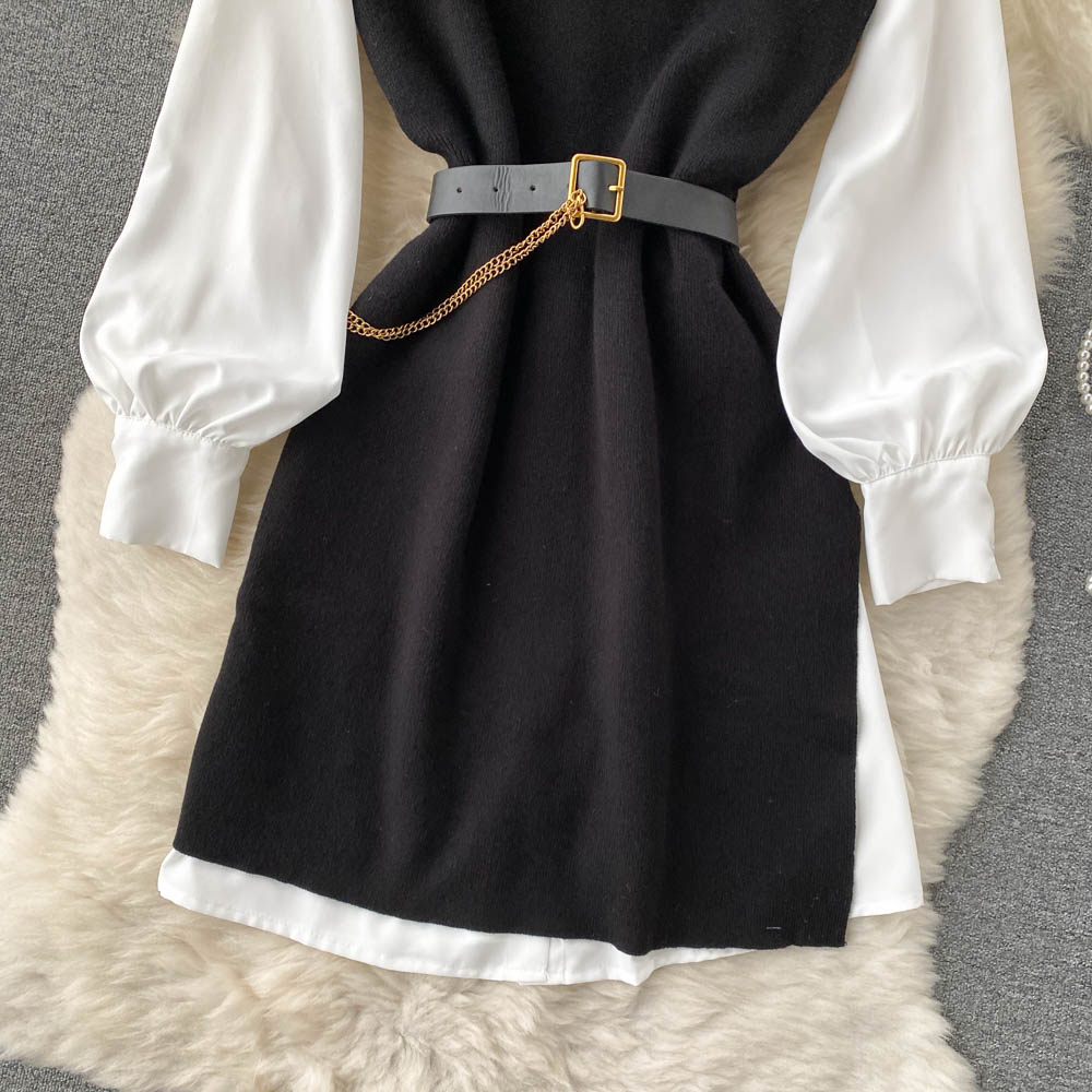 French style small white shirt dress knitted vest vest dress layered waist two-piece suit R2332