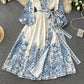 European and American palace style printed V-neck lantern long sleeve tie waist wide swing dress R2307