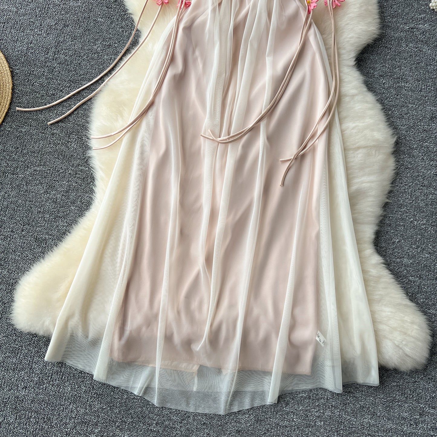 Holiday dress three-dimensional flower mesh high waist slim long skirt suspender skirt R2342