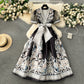 Retro palace style dress with printed straps and waisted long French puff sleeves R2312