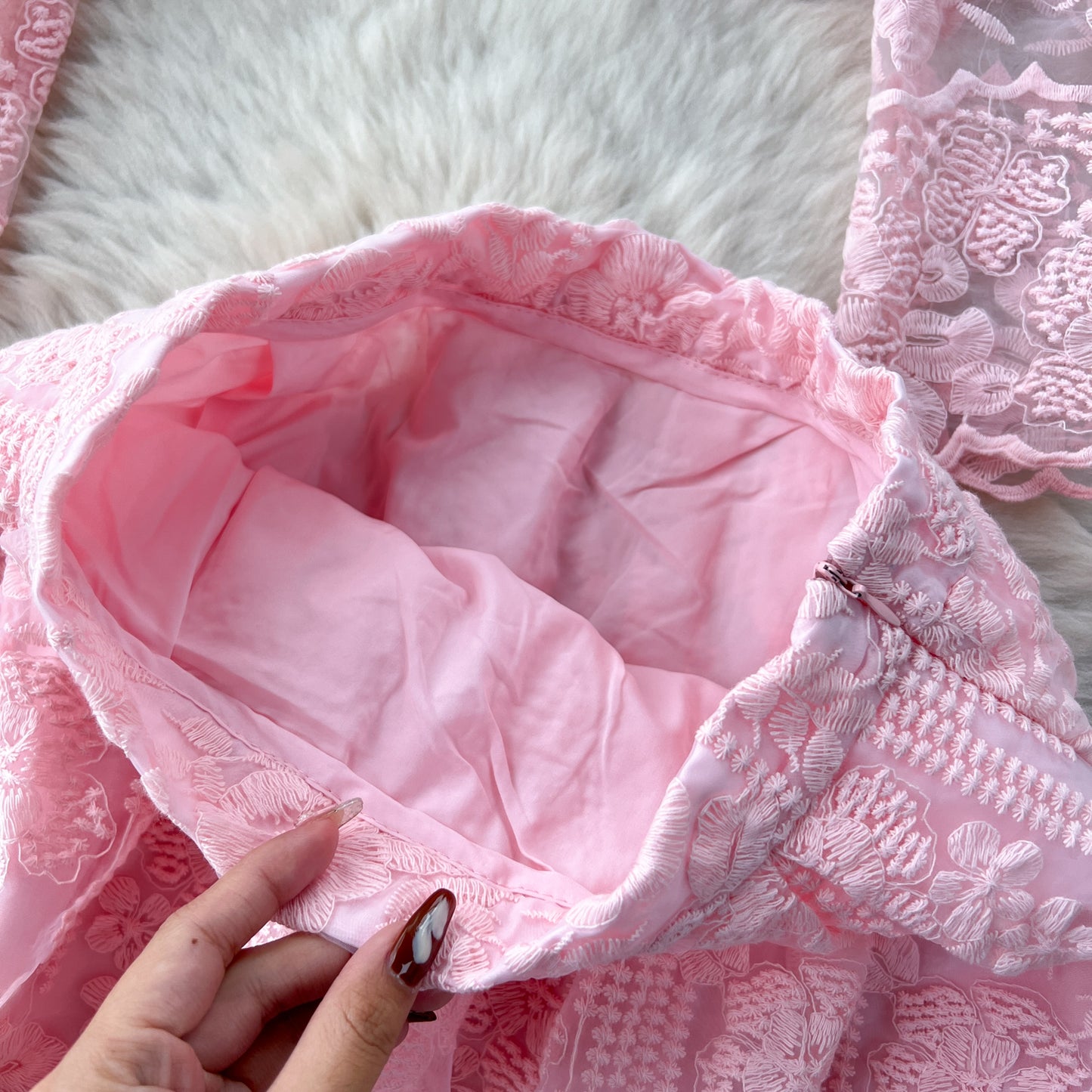 Chanel style suit short round neck puff sleeve lace top high waist wide skirt two-piece suit R2323