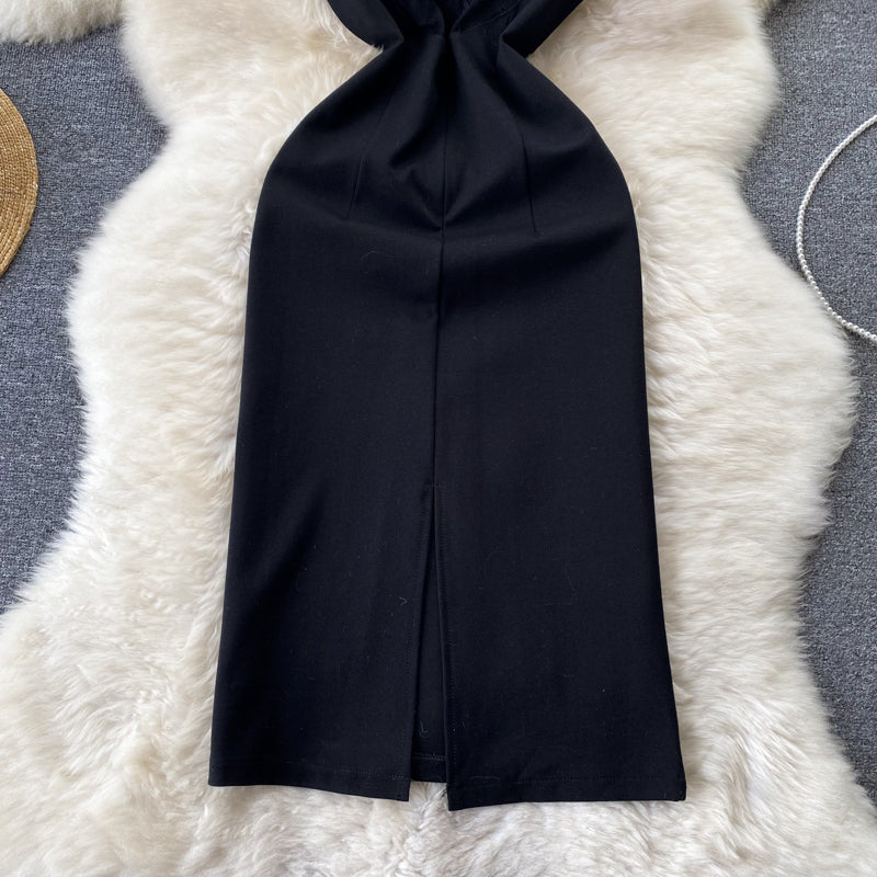 French retro lace patchwork dress hollow stand collar sleeveless high waist slim sexy hip skirt R2325