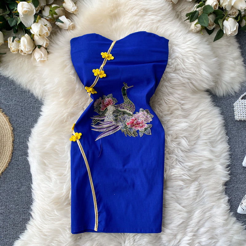 Chinese style modified cheongsam dress one shoulder slim fit temperament sexy hip short skirt R2317