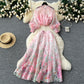 European and American style two-piece lantern sleeve button-down top high waist printed mesh skirt R2314