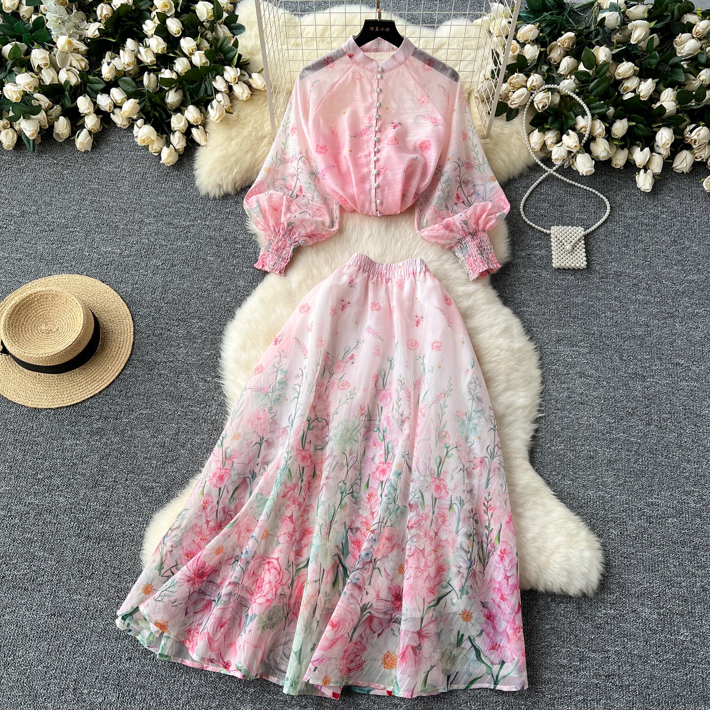 European and American style two-piece lantern sleeve button-down top high waist printed mesh skirt R2314