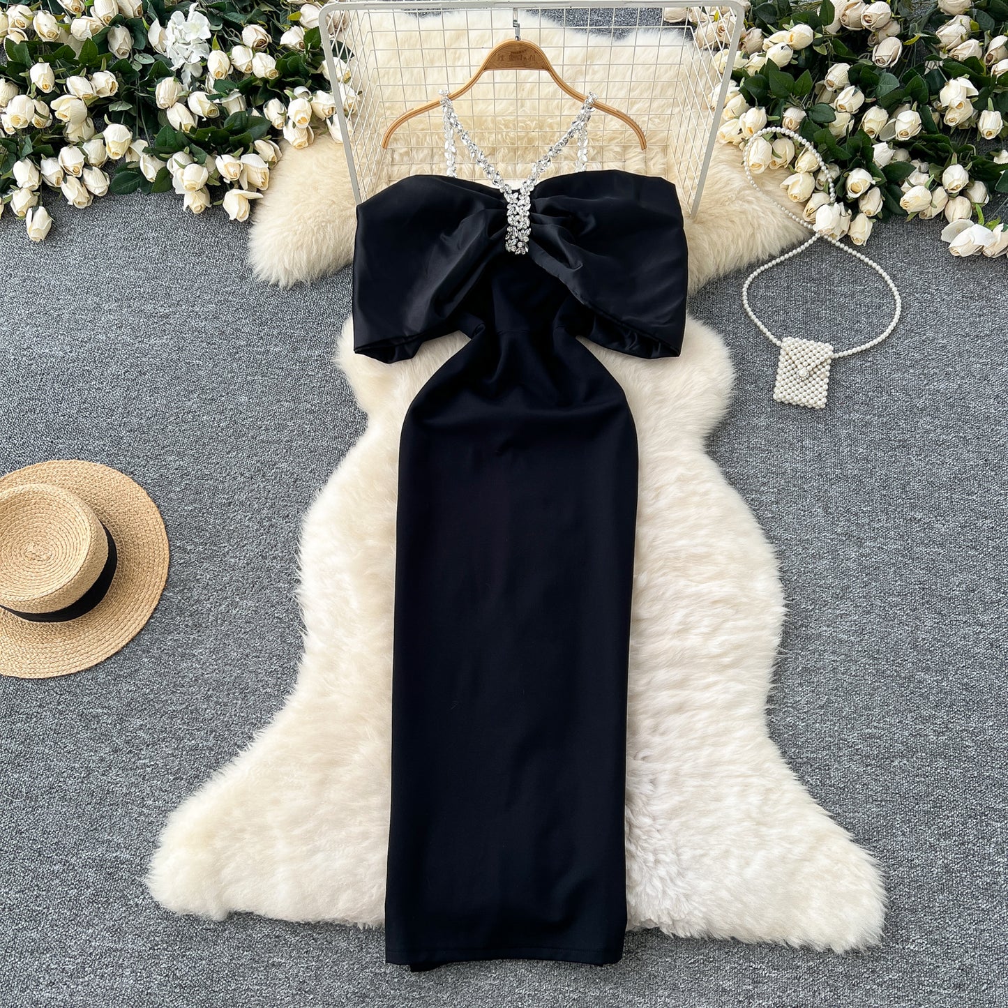 Evening dress high-end dress diamond-studded halter neck bow slim dress R2329