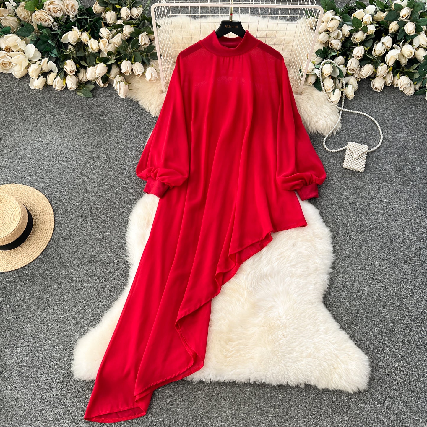 European and American large size chiffon design irregular mid-length puff sleeve dress R2326