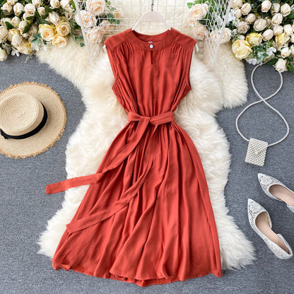 French niche dress 2025 new hollow quality round neck commuting sleeveless vest dress R2341