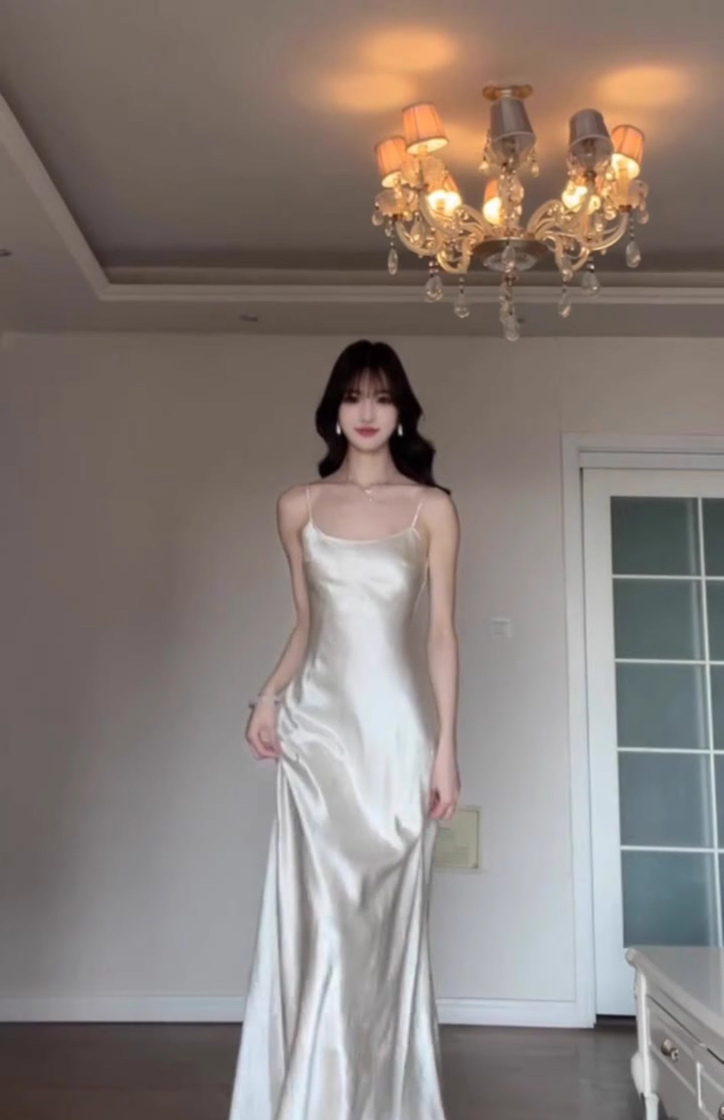 Satin suspender dress unique waist backless banquet dress R0512