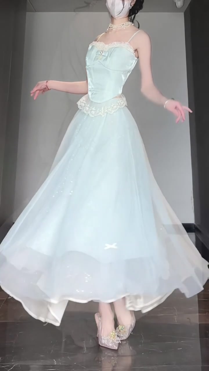 Qianjin Outfit Blue Camisole Vest Mesh Skirt Two-piece Set R0511