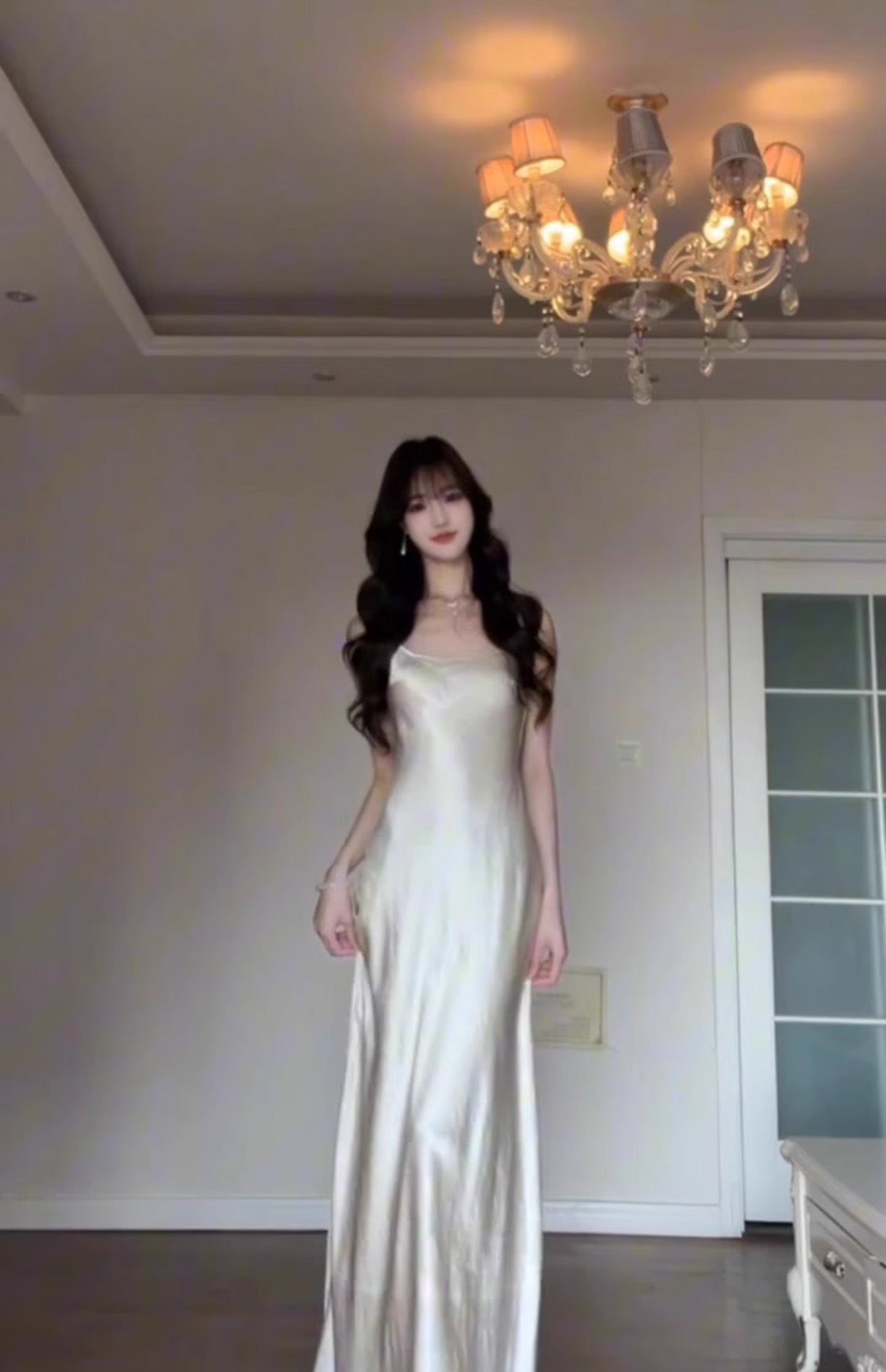 Satin suspender dress unique waist backless banquet dress R0512