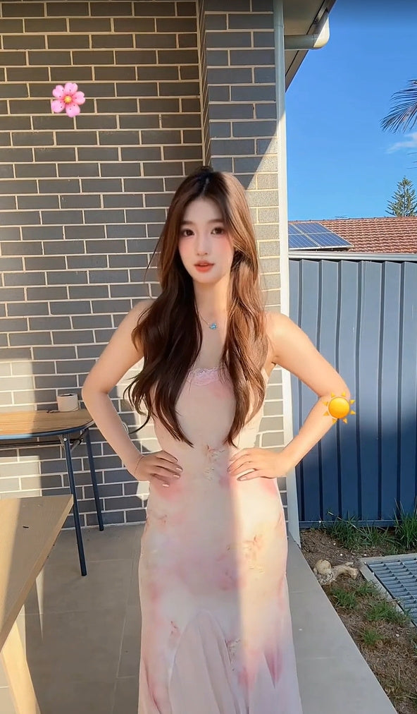 Sexy floral suspender dress mesh beautiful waist slim hip fishtail skirt R0513