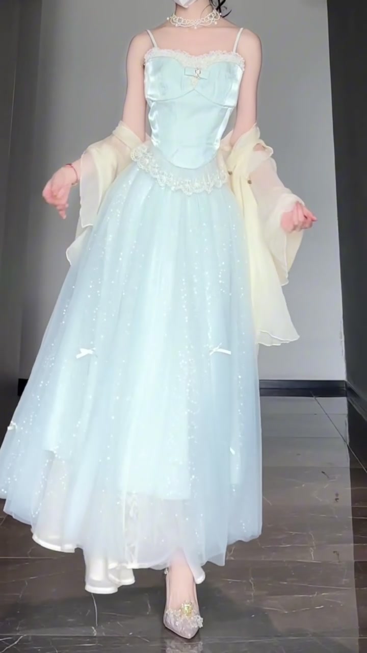 Qianjin Outfit Blue Camisole Vest Mesh Skirt Two-piece Set R0511