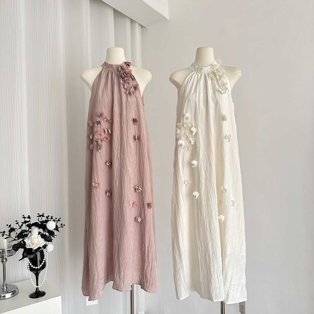 French style elegant flower halter dress pleated A-line loose slim long skirt R1998