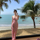 Travel wear printed deep v suspender dress sexy backless beach dress R1596