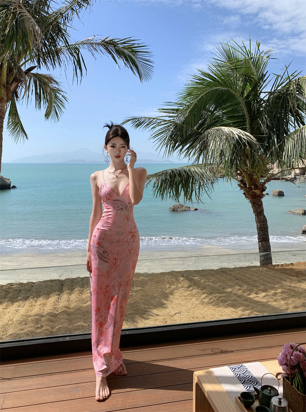 Travel wear printed deep v suspender dress sexy backless beach dress R1596