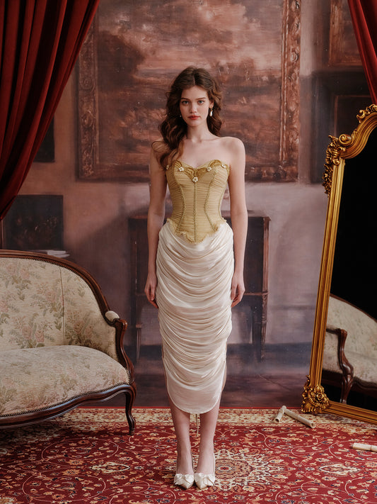 French retro palace fishbone slimming bra gold tube top waist top homecoming dress R5115