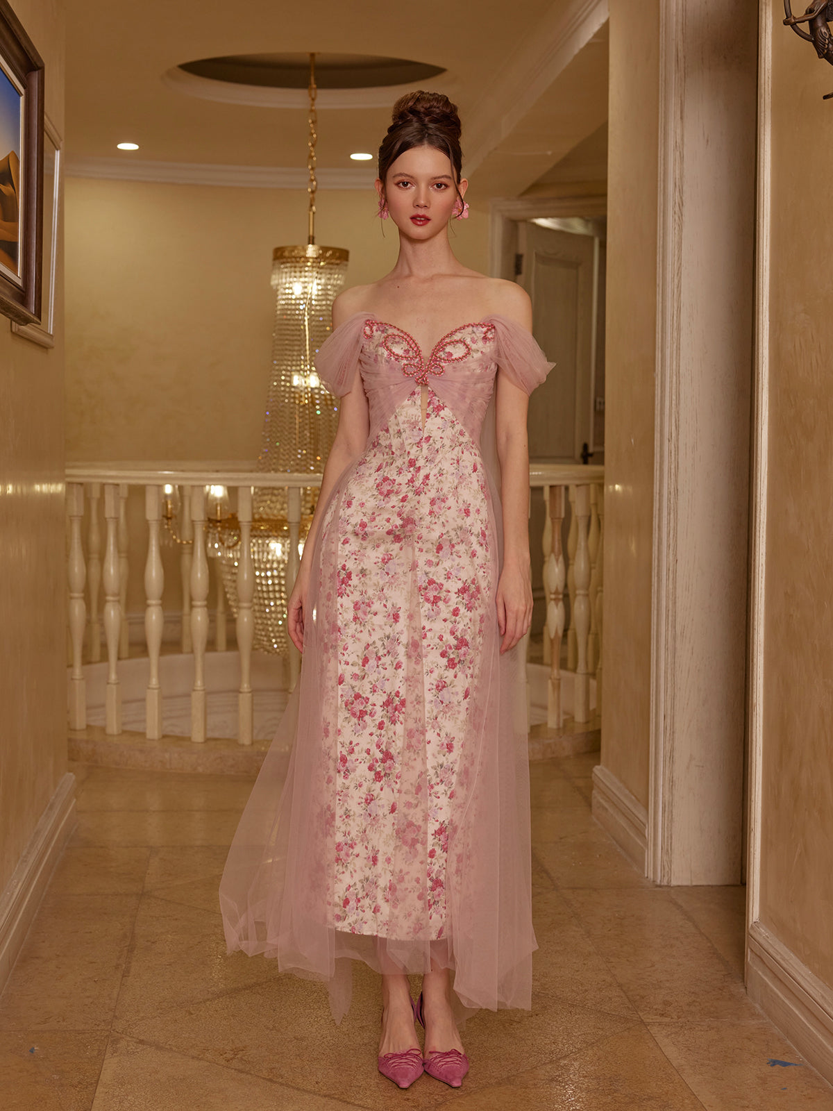 French fairy dress mesh satin printed fishbone dress evening gown dress homecoming dress R5117