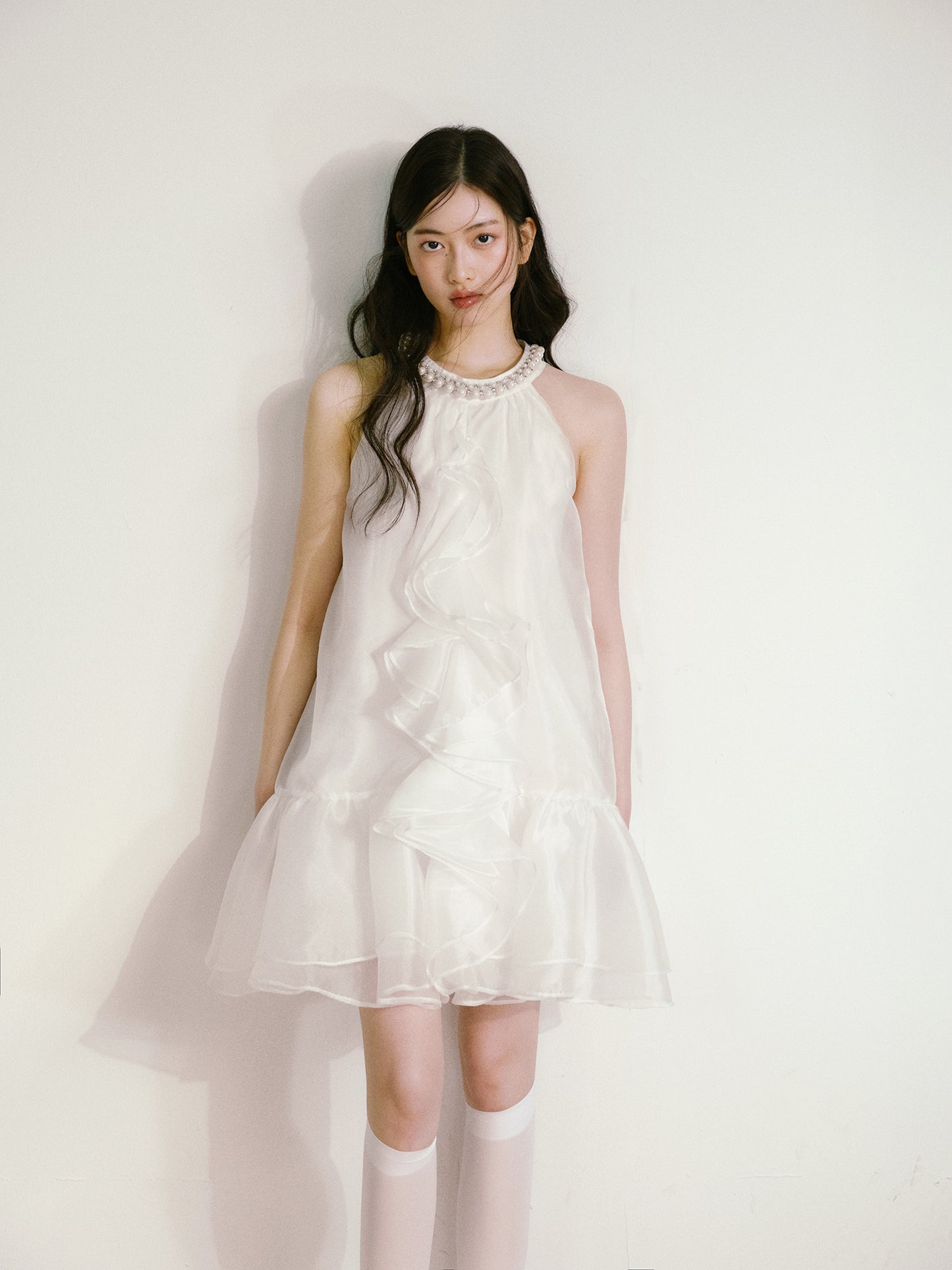 Moonlight White Layered Organza Tie-Up Bow Pearl Neck Tutu Dress R5126