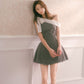Gray polka dot off-shoulder niche dress with bow tie and waist-hugging puffy miniskirt R5127