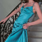 French retro textured satin slim long blue suspender dress holiday dress homecoming dress R5123